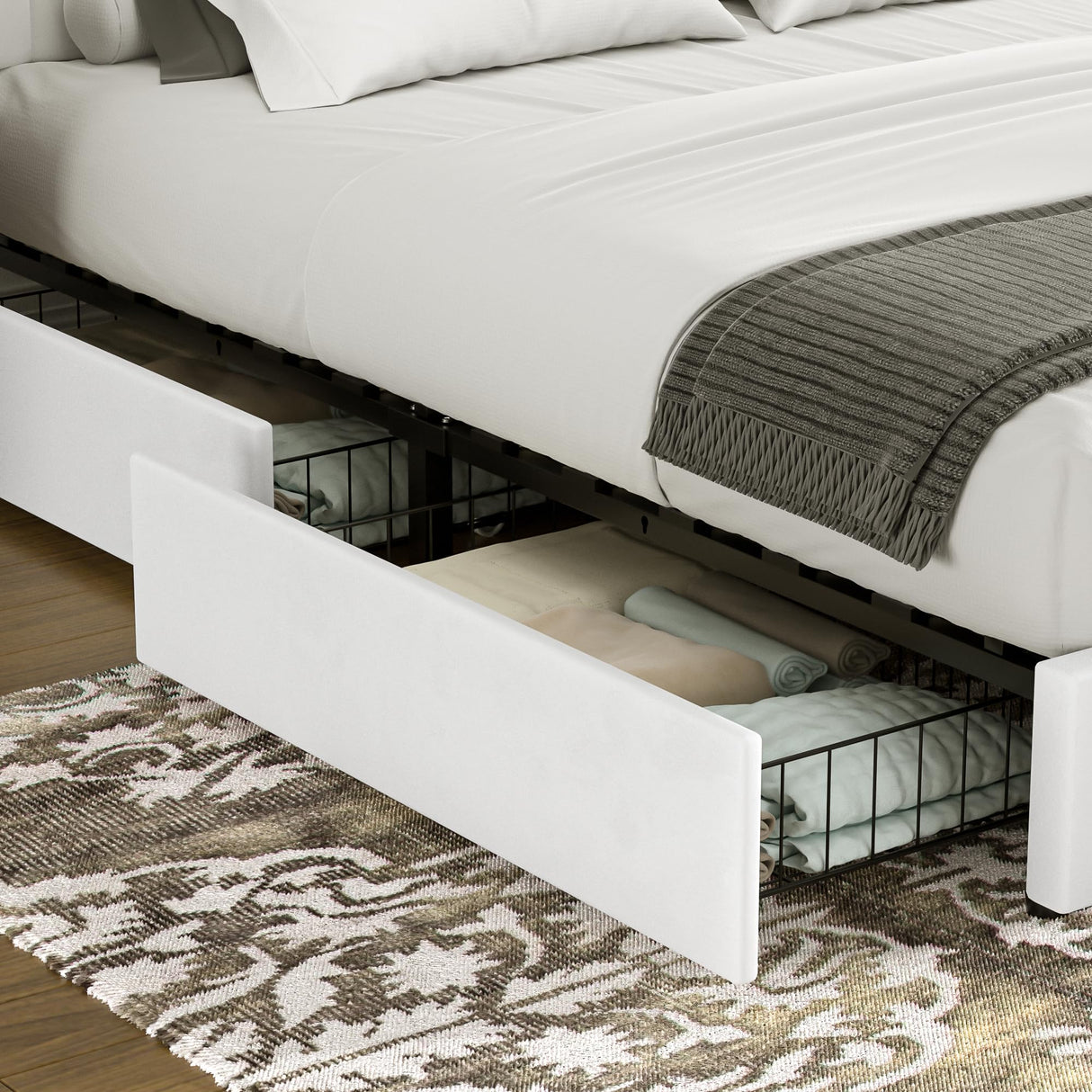 VECELO King Size Upholstered Bed Frame with 4 Drawers and Headboard, Velvet Platform Storage Bedframe, Wooden Slats Support, No Box Spring Needed,Snow-White VECELO