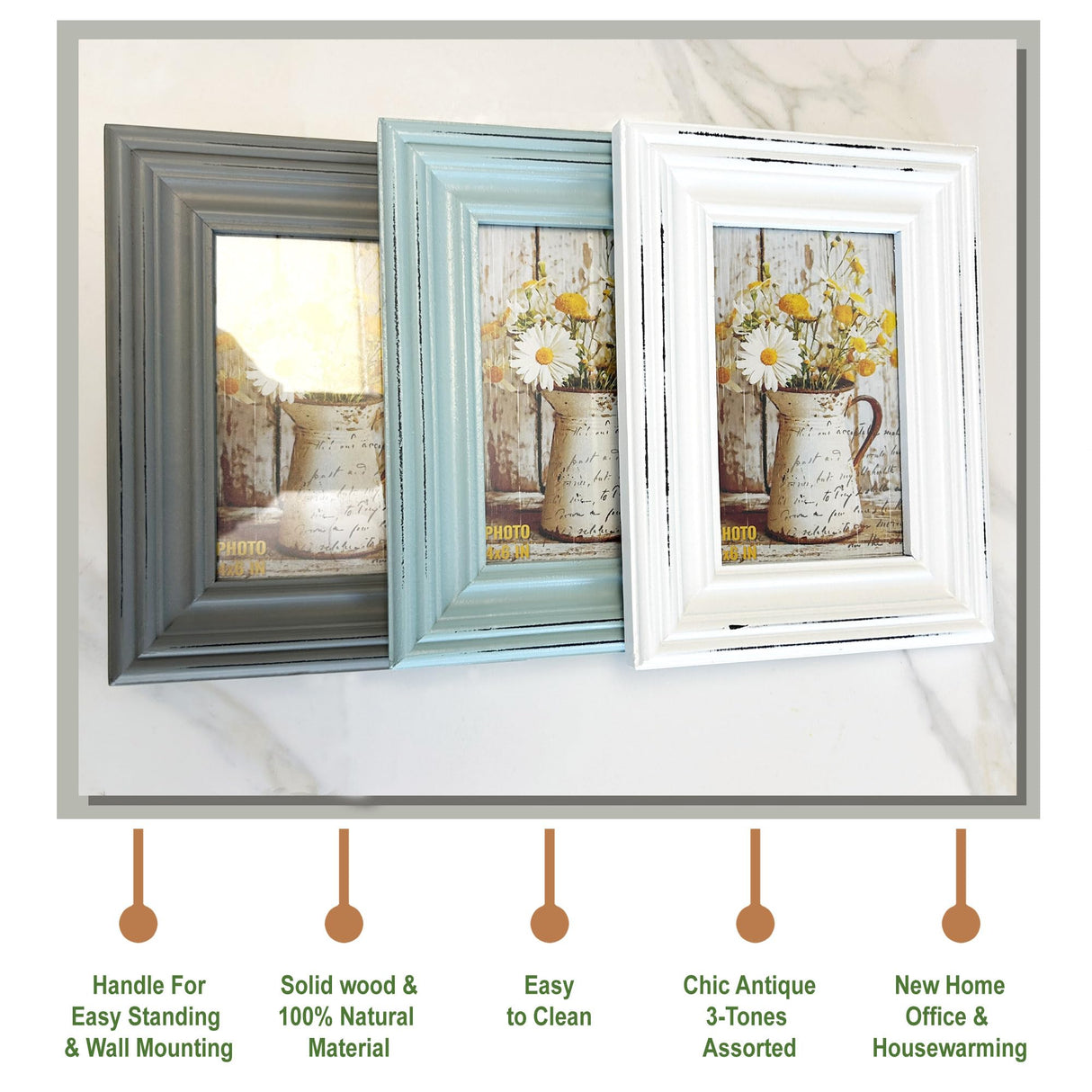 Vintage 4x6 Inches Wooden Picture Frame Pack of 3 Farmhouse Aqua Grey White - Rustic Thick Wood High Definition Glass Photo Frame Outside 6x8 Inches - 2 Ways Display Tabletop or Wall Mounted EXQUIDECA