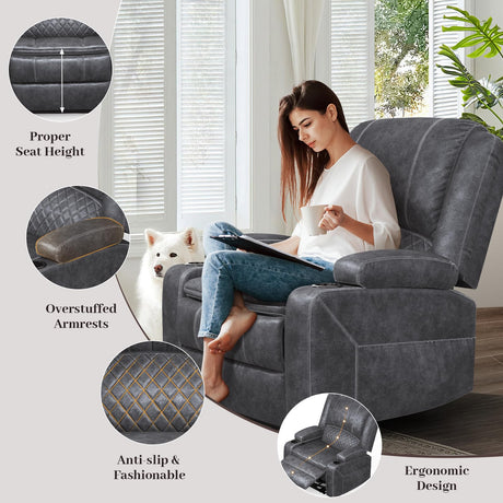 Yolsali Recliner Chairs for Adults, Oversize Manual Reclining Chair with 2-Tier Cushions, Dutch Velvet Recliner Chair with Hidden Storage Space, Living Room Recliner Chairs with Cup Holders - Grey Yolsali