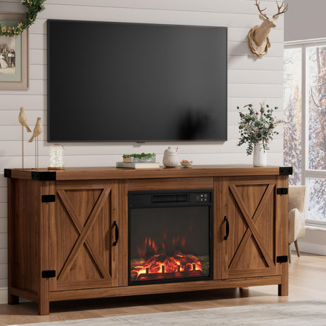 Furmax Fireplace TV Stand for Up to 65 Inches TVs, Farmhouse Entertainment Center with Grooved Barn Doors, Rustic Media Console Table with Storage Cabinets for Living Room (Barnwood) Furmax
