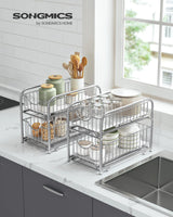 SONGMICS 2-Tier Pull Out Cabinet Organizers, Under Sink Organizer, Bathroom Organizer and Storage, Sliding Basket Drawers, Stackable for Kitchen, Bathroom, Metallic Silver UKCS017E01 SONGMICS