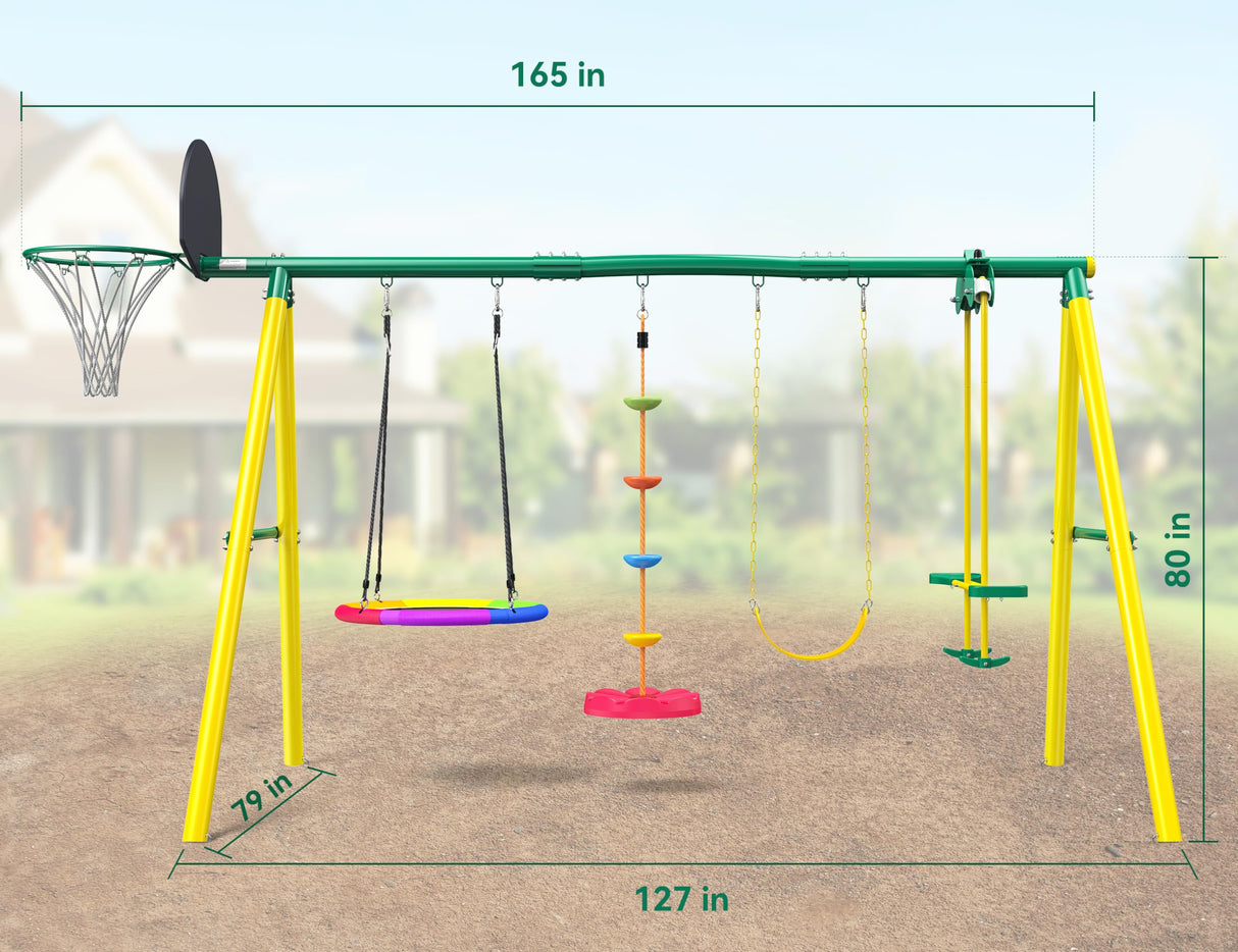 Osoeri Swing Sets for Backyard, 5-in-1 Kids Swing Set, Outdoor Swing Set with Saucer Swing, Glider, Rope Swing, and Basketball Hoop Osoeri