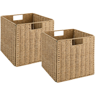 Vagusicc Wicker Storage Basket, Set of 2 Hand-Woven Wicker Basket, 11 inch Storage Baskets for Organizing and Decor, Foldable Cube Storage Organizer Bins Baskets for Shelves, Woven Basket, Natural