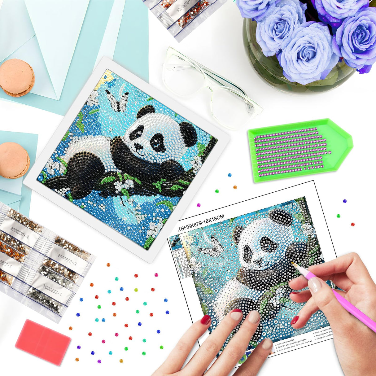 SENQAO Panda Diamond Art Kit for Adults with Frame Art and Crafts for Adults Ages 6-8 -10-12 Easy to DIY Diamond Art for Adults and Adult Beginners Home Wall Decoration 7.1x7.1inch SENQAO