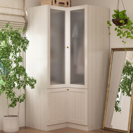Hitow Corner Wardrobe Cabinet, Modern Wood Armoire Closet with Frosted Glass Doors, Bedroom Wardrobe with Shelves & Hanging Rod for Storage Organize, Wood Grain (35.4" W x 35.4" D x 70.9" H) Hitow