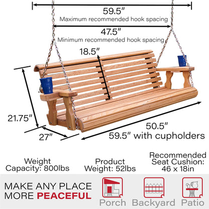 Amish Casual 4 Foot Roll Back Porch Swing with Cup Holders in Cedar Stain - Amish Made in The USA from Treated Pine, Heavy Duty 700 Lb Weight Capacity - WoodArtSupply