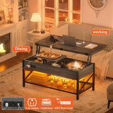 Aheaplus Coffee Table Lift Top Multi-Function Coffee Table Converts to Dining Table, with LED Light and Power Outlet, Center Table with Shelves for Living Room Reception Home Office, Black Oak Aheaplus