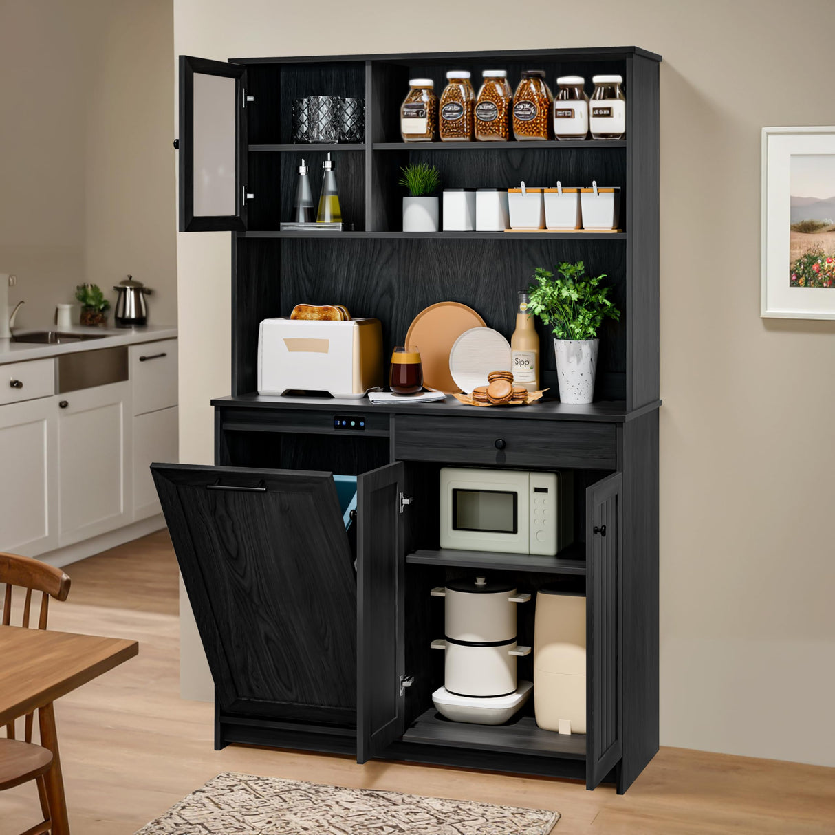 UpWiew Tilt Out Cabinet with Deodorising Function, Freestanding Kitchen Pantry Fits 10-Gallon Trash Can, Kitchen Hutch Cabinet with Microwave Shelf, Tall Storage Cabinet, Black UpWiew