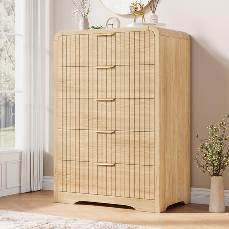 Jocoevol Fluted 5 Drawer Dresser, 43" Tall Dressers & Chests of Drawers Curved Profile Design, Wood Mid Century Vertical Dresser Natural Texture for Bedroom, Natural Oak Dresser Jocoevol