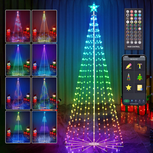 HOLILLUMA 8FT Outdoor Christmas Tree, RGB Color Changing Prelit Smart Cone Christmas Tree with Lights, App&Remote Control, DIY Multi-Color Lightshow with Music Sync, Christmas New Year Decoration