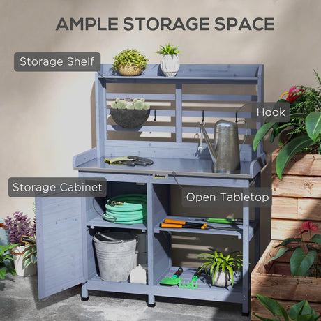 Outsunny Outdoor Wooden Potting Bench Table, Garden Workstation with Storage Cabinet, Storage Shelves for Backyard, Patio, Balcony, Gray Outsunny