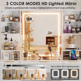 PAKASEPT Vanity Desk with Mirror and Lights, Fluted Makeup Vanity Desk with Lights 3 Colors, Glass Top Vanity with 16 RGB Colors Cabinet, 2 Shelves & 5 Drawers & Power Outlet for Bedroom PAKASEPT