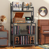 EasyCom Record Player Stand with Vinyl Storage, Turntable Stand Holds Up to 300 Albums, Large Record Player Table with Charge Station, Vinyl Record Stand for Living Room Bedroom, Black EasyCom