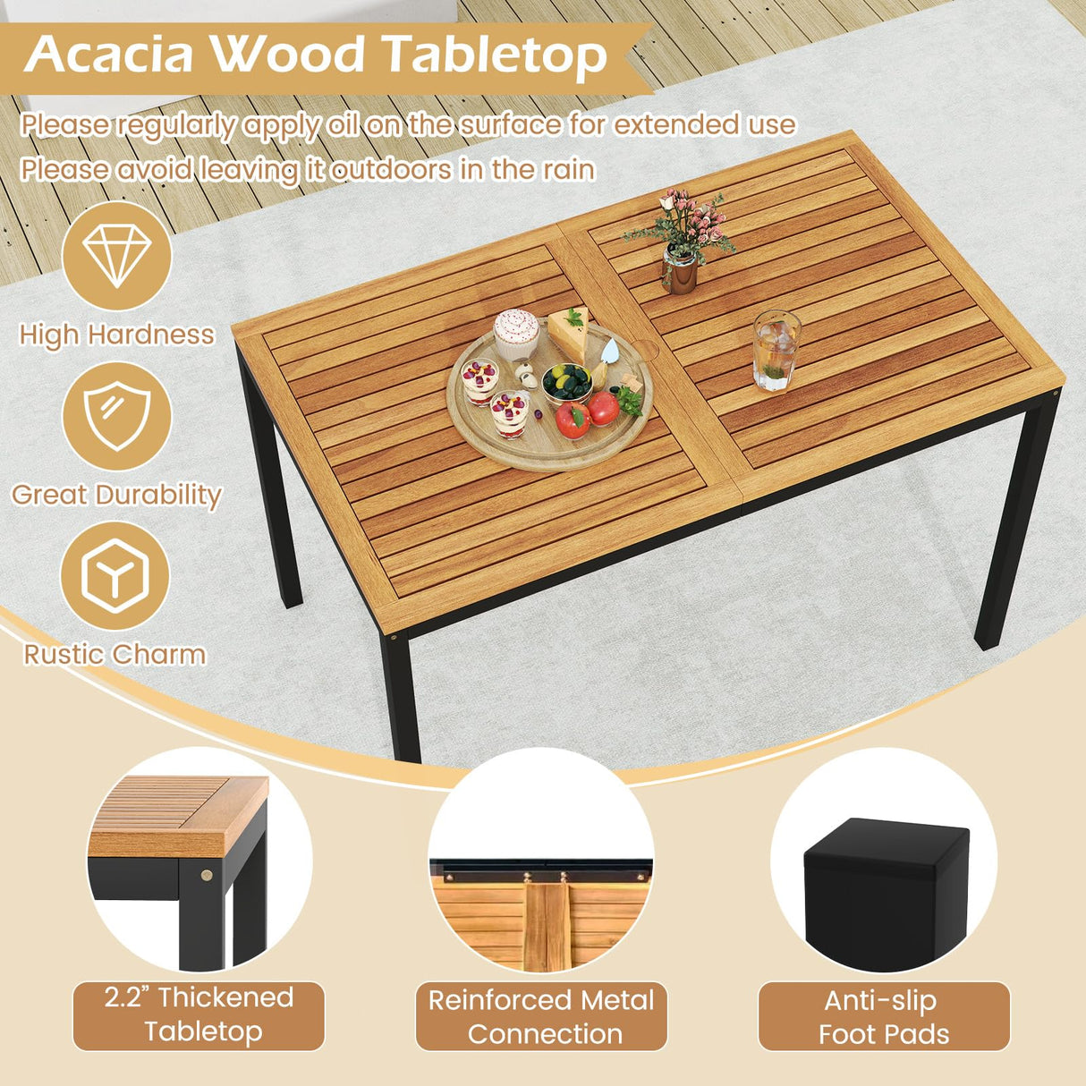 Toolsempire 4 Pieces Patio Dining Table Set, Outdoor Rectangle Table w/Loveseat & 2 Stackable Chairs, Cushions, Umbrella Hole, Acacia Wood Armrests & Tabletop, Dinette Furniture for Backyard Garden Toolsempire