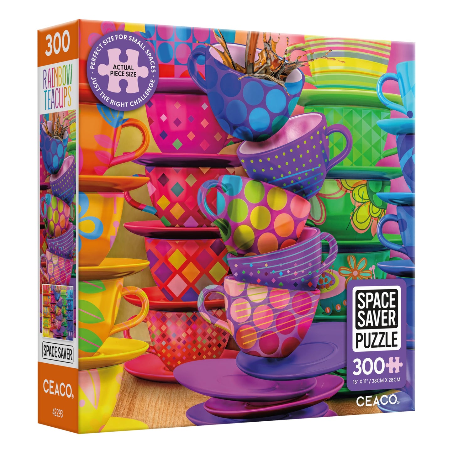 Ceaco – Rainbow Teacups - 300 Piece Jigsaw Space Saver Puzzle – Puzzles for Smaller Spaces and Surfaces