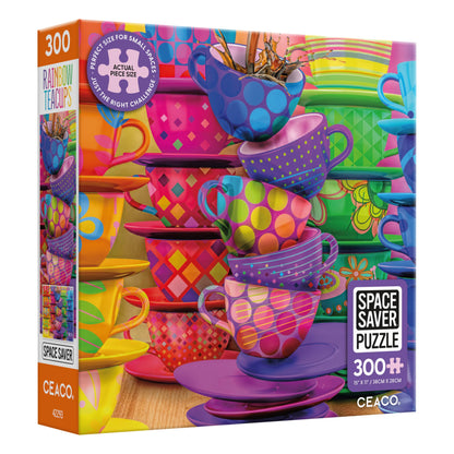 Ceaco – Rainbow Teacups - 300 Piece Jigsaw Space Saver Puzzle – Puzzles for Smaller Spaces and Surfaces