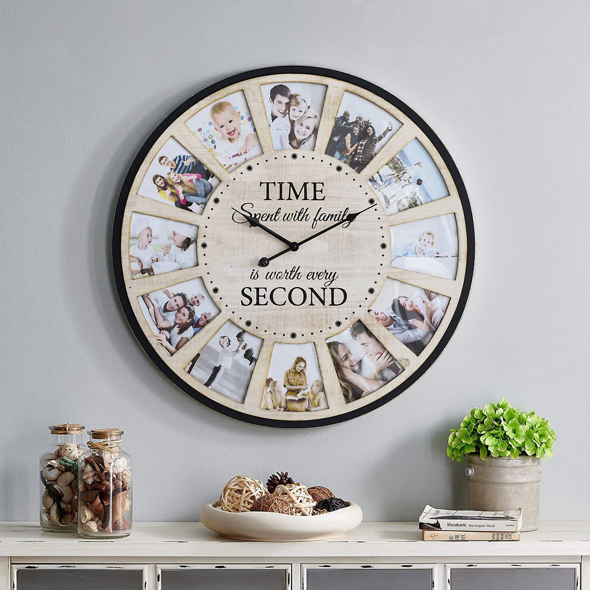 JUMBO HUMBLE 12 Photo Collage Rustic Farmhouse Wood Wall Clock, Large Oversized Wall Clock for Home, Kitchen, Living Room, Silent Battery Powered 25 Inch Natural JUMBO HUMBLE