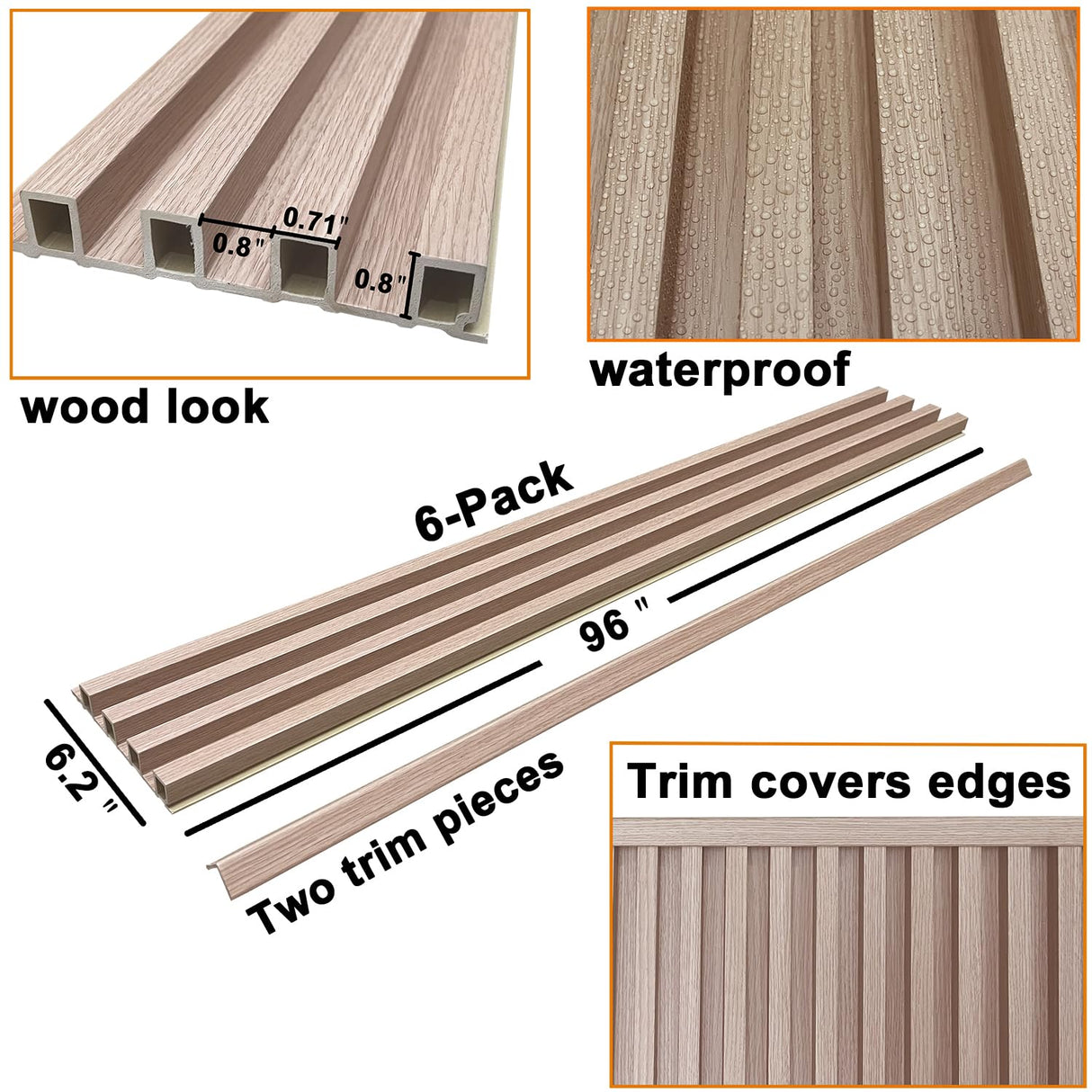 YLL YLL 6-Pack Slat Wall Panel with 2 Trims Wood Grain Slat Wall 96" x 6.2" WPC Slats 3D Wall Panels Oak Grille YLL YLL
