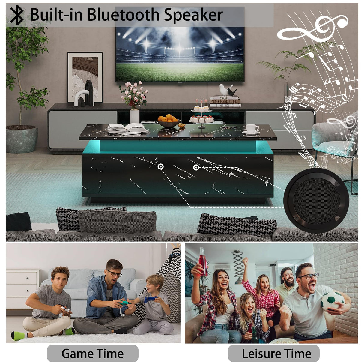 PPorfamilia LED Coffee Table with Storage, Black Coffee Table with Wireless Charging and Bluetooth Speaker, High Glossy Modern Center Table with 24-Color LED Lights for Living Room Bedroom PPorfamilia