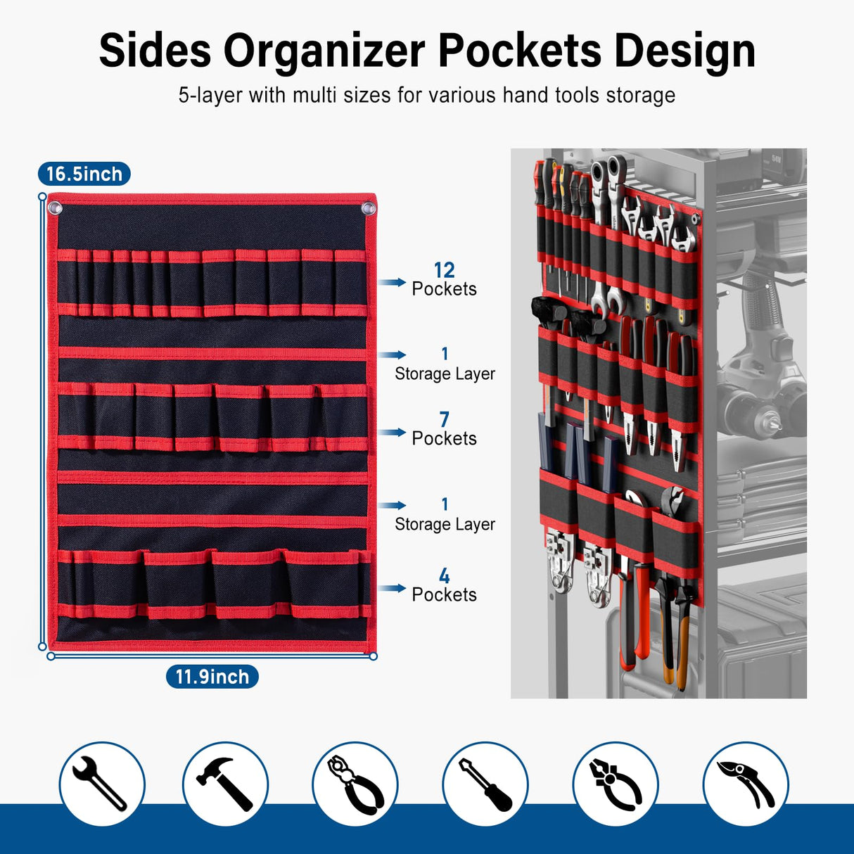 JUNNUJ Garage Large Power Tool Organizer Cart with 8 Outlet 3 USB Charging Station, Floor Rolling Drill and Tools Battery Storage Cart on Wheels, Heavy Duty Utility Rack Shelf with Power Strip JUNNUJ