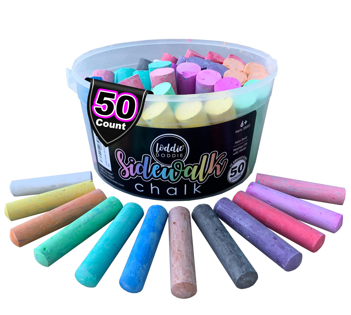Loddie Doddie 50ct Sidewalk Chalk for Kids - 12 Colors Non-Toxic Jumbo Sticks in Reusable Bucket - Easy Clean Up for Fun & Creativity - Outdoor Chalk Loddie Doddie