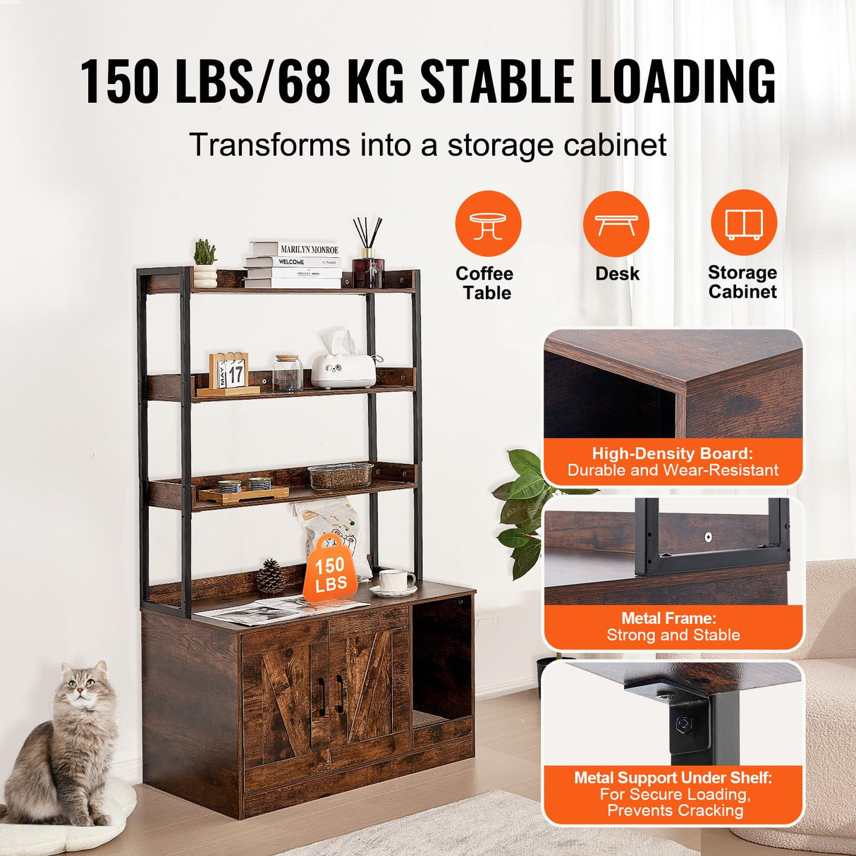 VEVOR Cat Litter Box Enclosure, Hidden Litter Box Furniture with 3 Storage Shelves, Wooden Cat Washroom Indoor, Large Cat House Cabinet Hidden Fit Most Litter Box, 33.5"L x 19.3"W x 58.7"H, Dark Brown VEVOR