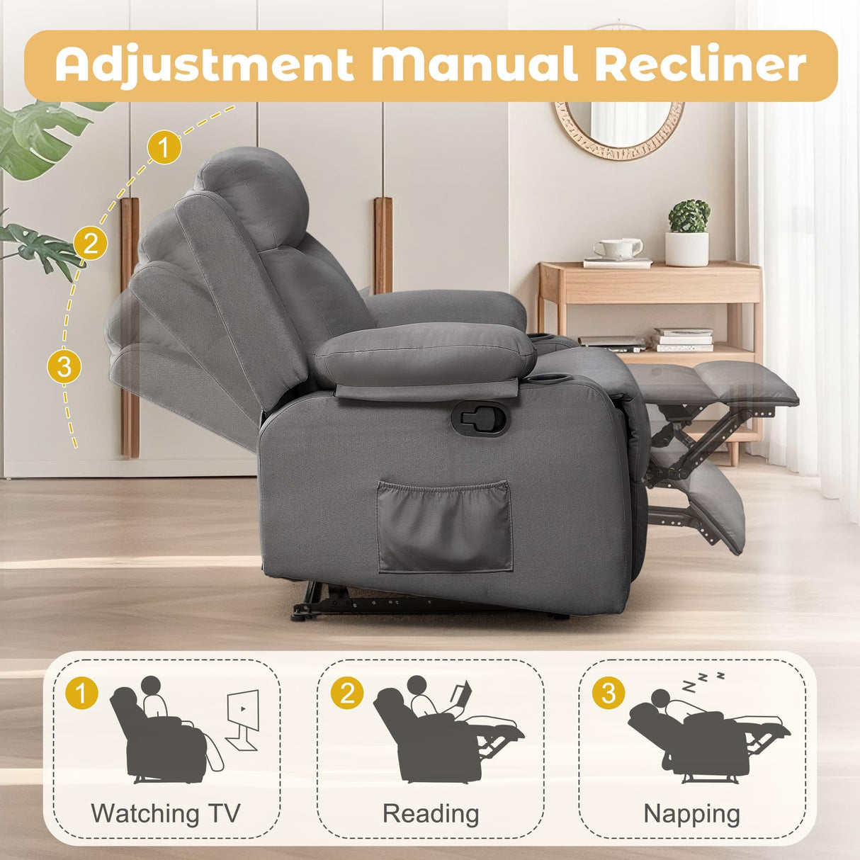Korser Recliner Chair, Small Recliners for Small Spaces, Manual Recliner with Cup Holders and Side Pockets, Reclining Chair, Chairs for Living Room, Bedroom, Nursery, Darkgrey Korser