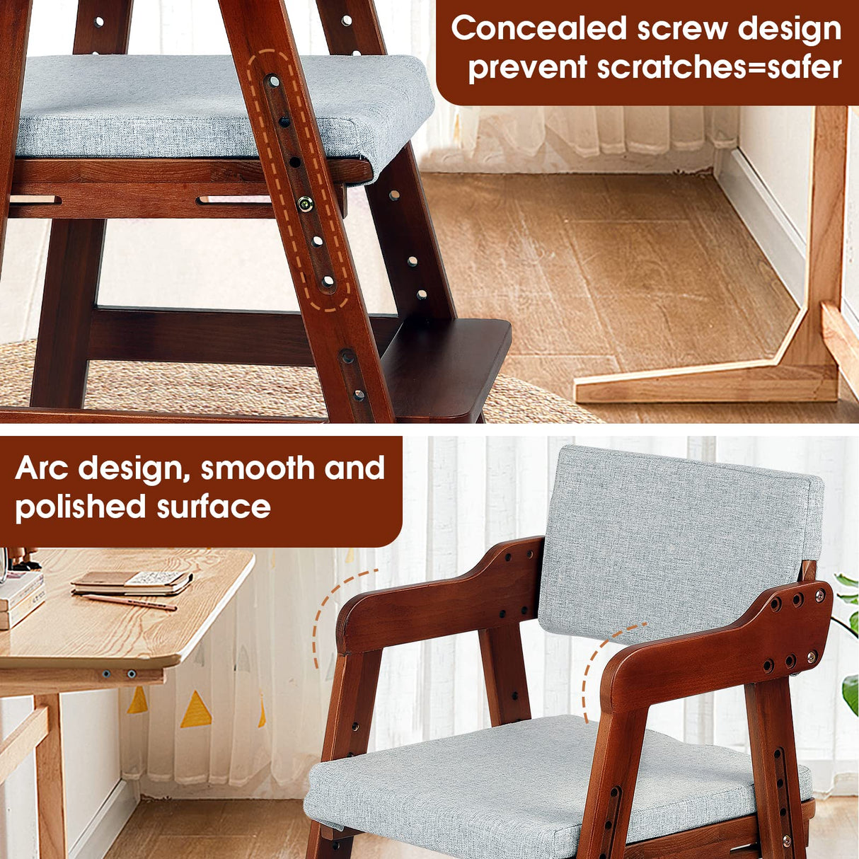 Ezebaby Wooden High Chair for Toddlers to Teens, Adjustable Kids Study Chair with Steps, Kids Dining Chair with Removable Cushion (Nut-Brown) Ezebaby