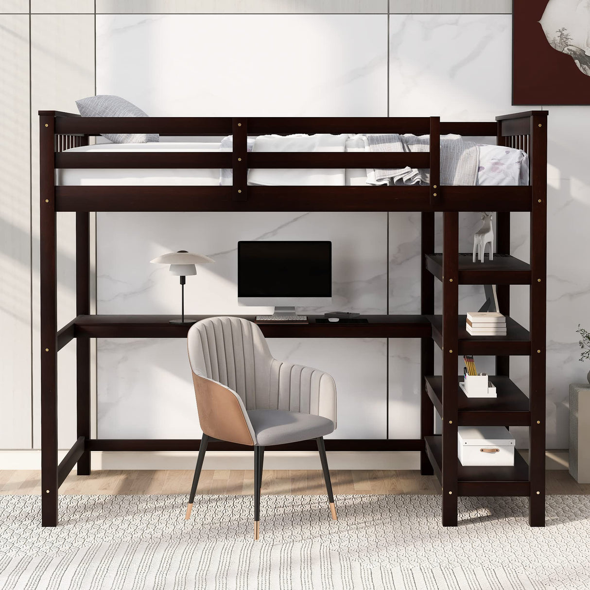Twin Size Loft Bed with Desk & 4-Storage Shelves, Wood Loft Bed Frame with Safety Guard Rail and Under-Bed Desk, Noise Free, No Box Spring Needed, Espresso Bellemave