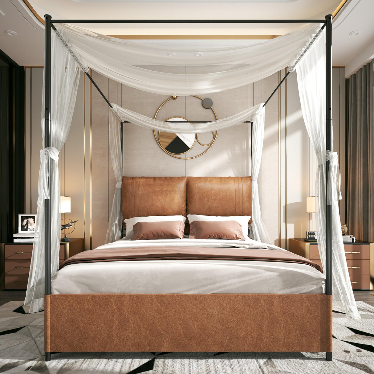 PAUKIN Canopy Bed Frame Queen Size with Upholstered Headboard, Sturdy and Stable, Easy to Assemble, Metal Bar Support, no Spring Mattress Required. (Brown, Queen) PAUKIN