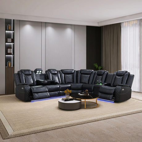 Ocstta Leather Power Recliner Sectional Sofa with LED, Power Reclining Sectional Couch, Breathing Leather Sofa Couch with USB Port&Cup Holder for Living Room (Living Room Set,Black) Ocstta