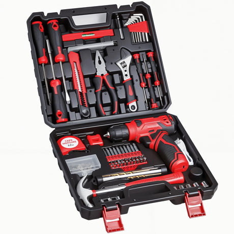 Tool Set - Tool Kit with 8V Cordless Drill, 132 Piece Tool Box with Drill, Home Tool Kits for Men & Women, Hand Drill Set Perfect for Homeowner, Diyer, Handyman - Red prekull