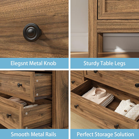 CARPETNAL 55" Walnut Dresser for Bedroom, 6 Drawer Dresser with Wide Drawer and Metal Handles, Wood Dressers & Chests of Drawers for Hallway, Entryway. CARPETNAL