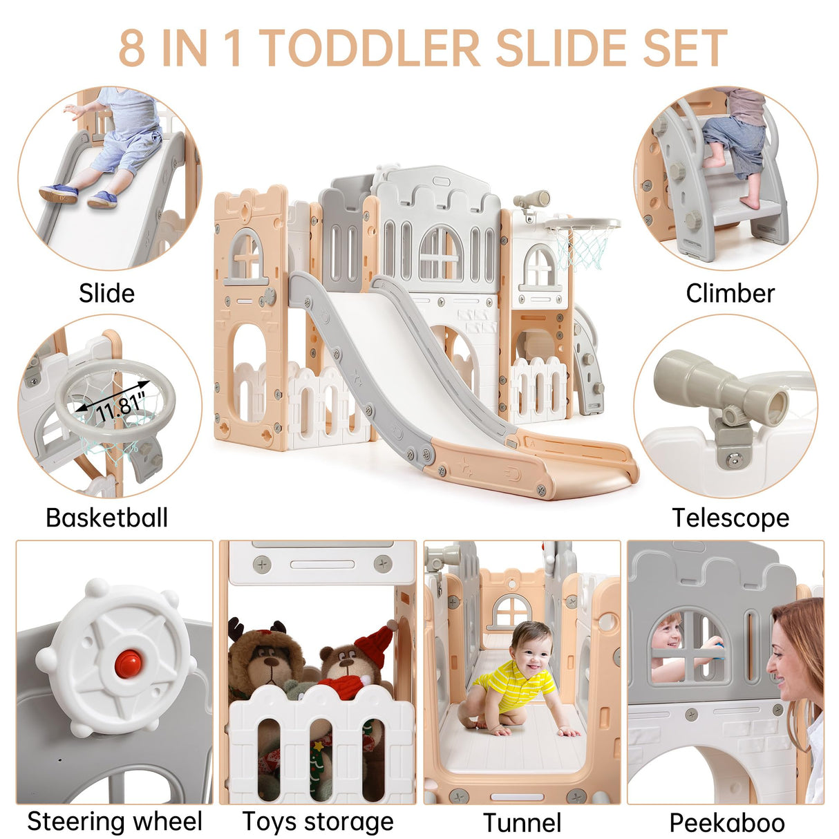 Toddler Slide 8 in 1 Toddler Playset for Toddlers Age 1-3，Baby Playset for Indoor Outdoor Playground with Climber, Crawling Tunnel, Basketball Hoop, Telescope, Toy Storage Garvee