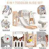 Toddler Slide 8 in 1 Toddler Playset for Toddlers Age 1-3，Baby Playset for Indoor Outdoor Playground with Climber, Crawling Tunnel, Basketball Hoop, Telescope, Toy Storage Garvee