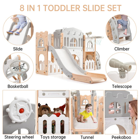 Toddler Slide 8 in 1 Toddler Playset for Toddlers Age 1-3，Baby Playset for Indoor Outdoor Playground with Climber, Crawling Tunnel, Basketball Hoop, Telescope, Toy Storage Garvee