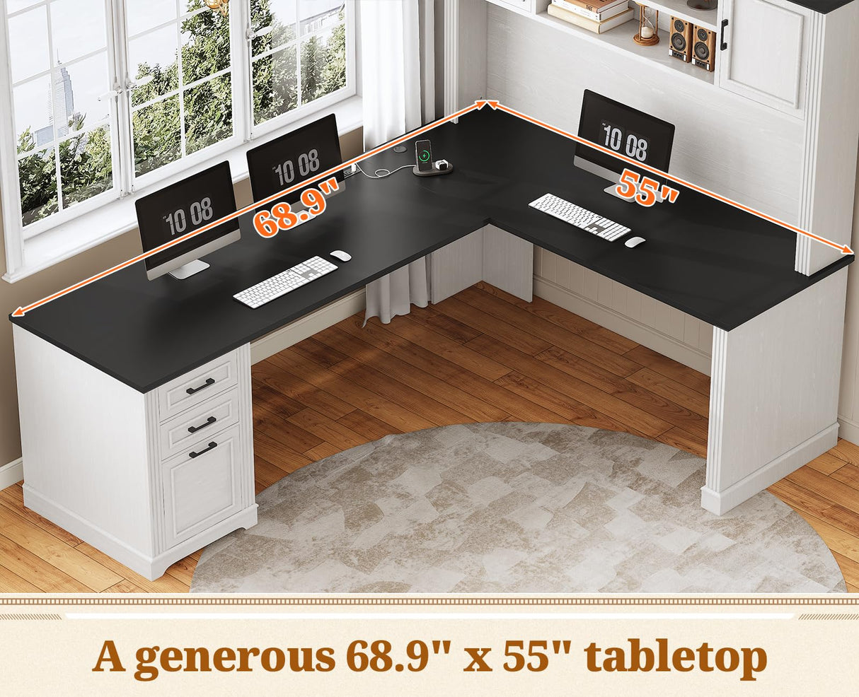 SEDETA Farmhouse L Shaped Desk with Hutch and 3 Drawers, 68.9" Executive Office Desk with File Drawer and Power Outlet, Corner Computer Desk with Storage Shelves for Home Office, White SEDETA