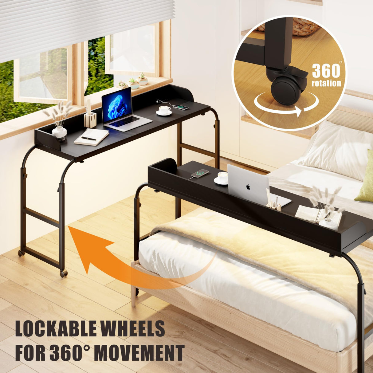 HWB Over Bed Desk with Auto-Sensor LED Lights,Over Bed Table with Wheels Adjustable Height with Charging Station,Beside Table,Rolling Tray Table for Laptop and Writing for Living Room,Black HWB