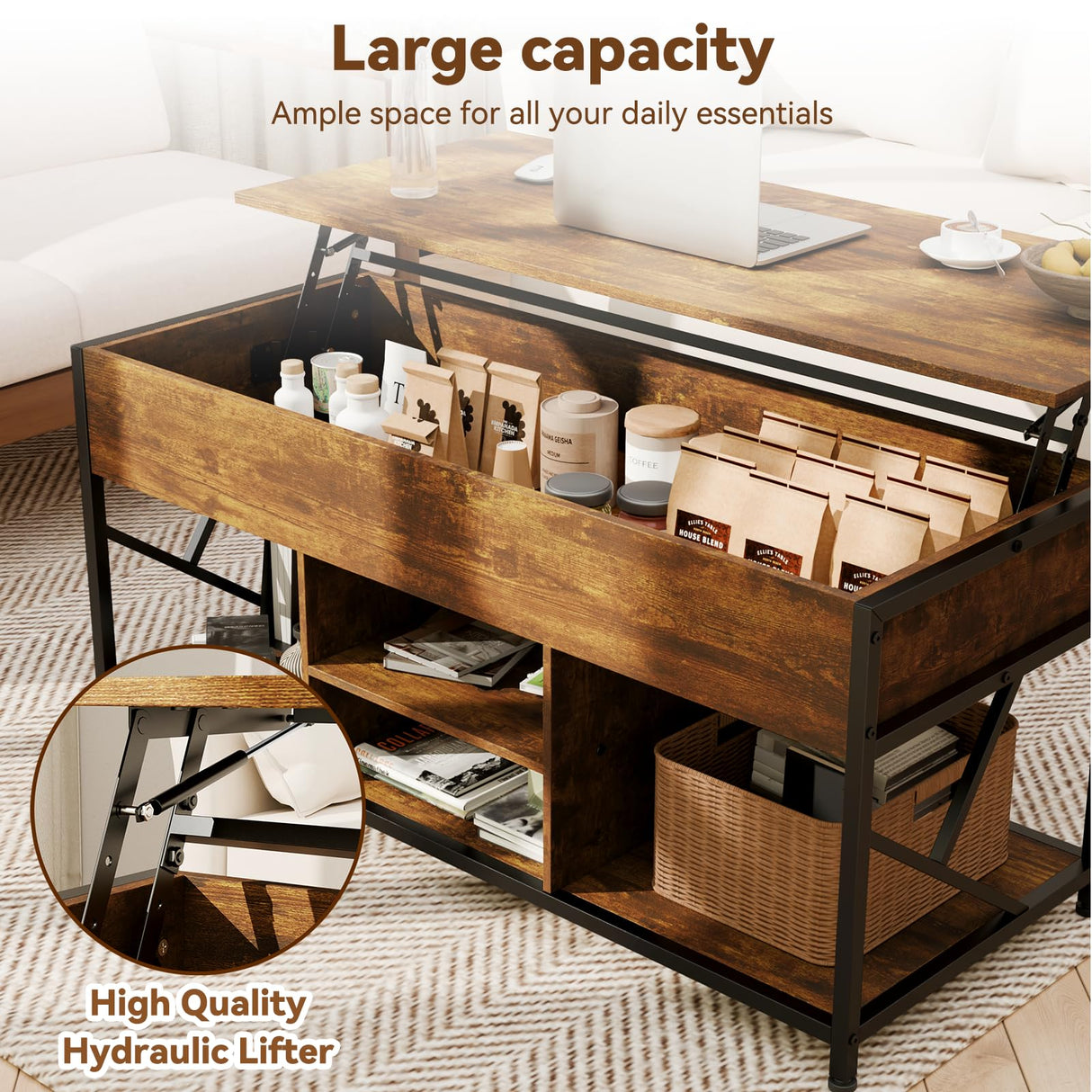 Coffee Tables for Living Room, 47.2 inches Lift Top Coffee Table with Storage, Farmhouse Modern Rustic Brown Living Room Tables EDWINENE