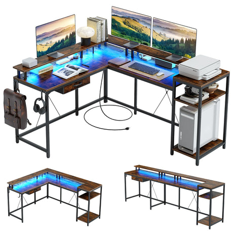 Jojoka L Shaped Gaming Desk,68" Computer Desk with Power Outlets & LED Lights, Home Office Desk with File Drawer, Corner Desk with Monitor Shelf and Hook, Two Person Desk (Rustic Brown) Jojoka