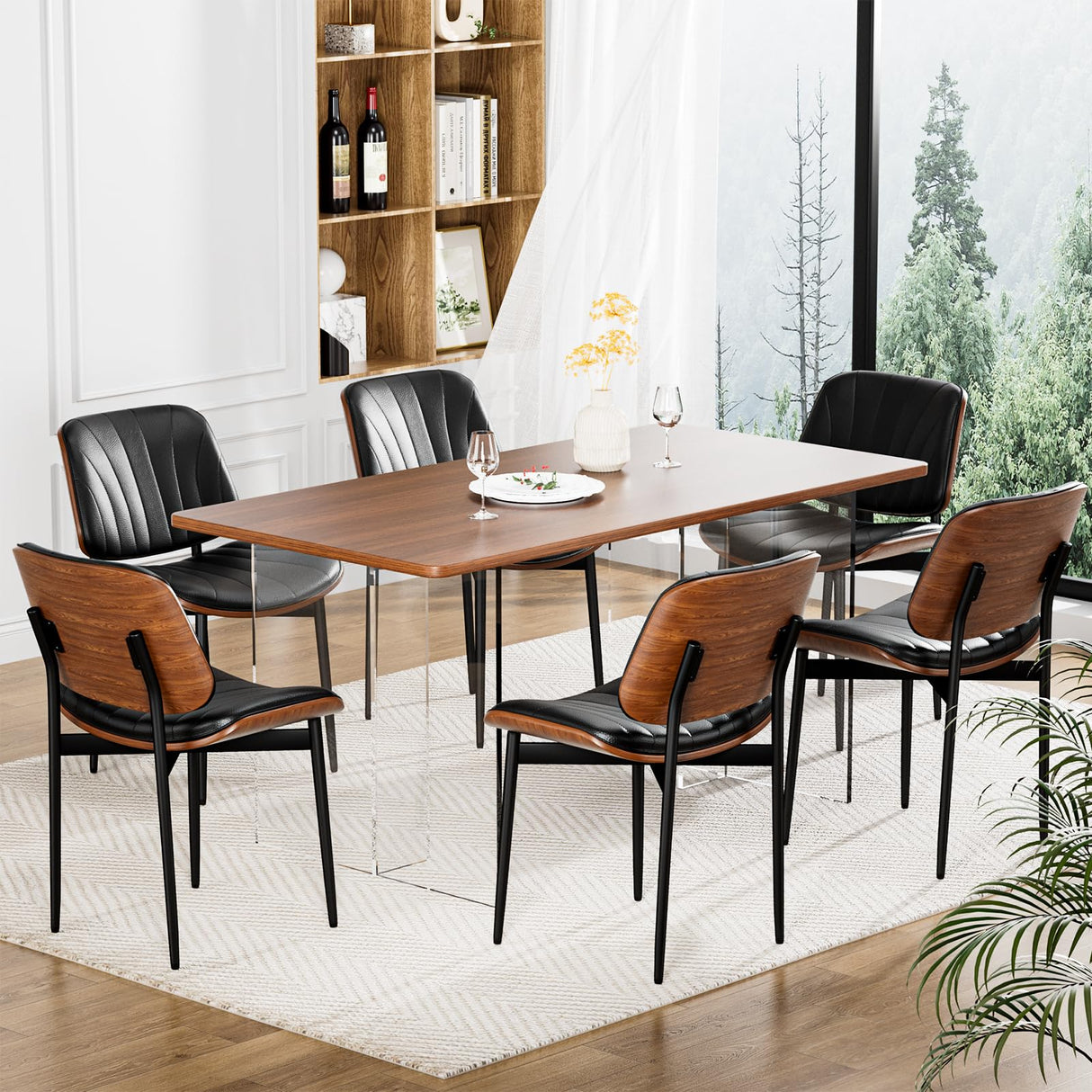 YaFiti Dining Chairs Set of 4, Dining Room and Kitchen Chairs, Mid Century Modern Accent Chair, Upholstered PU Leather Chairs for Vanity with Walnut Bentwood and Metal Legs, Black YaFiti