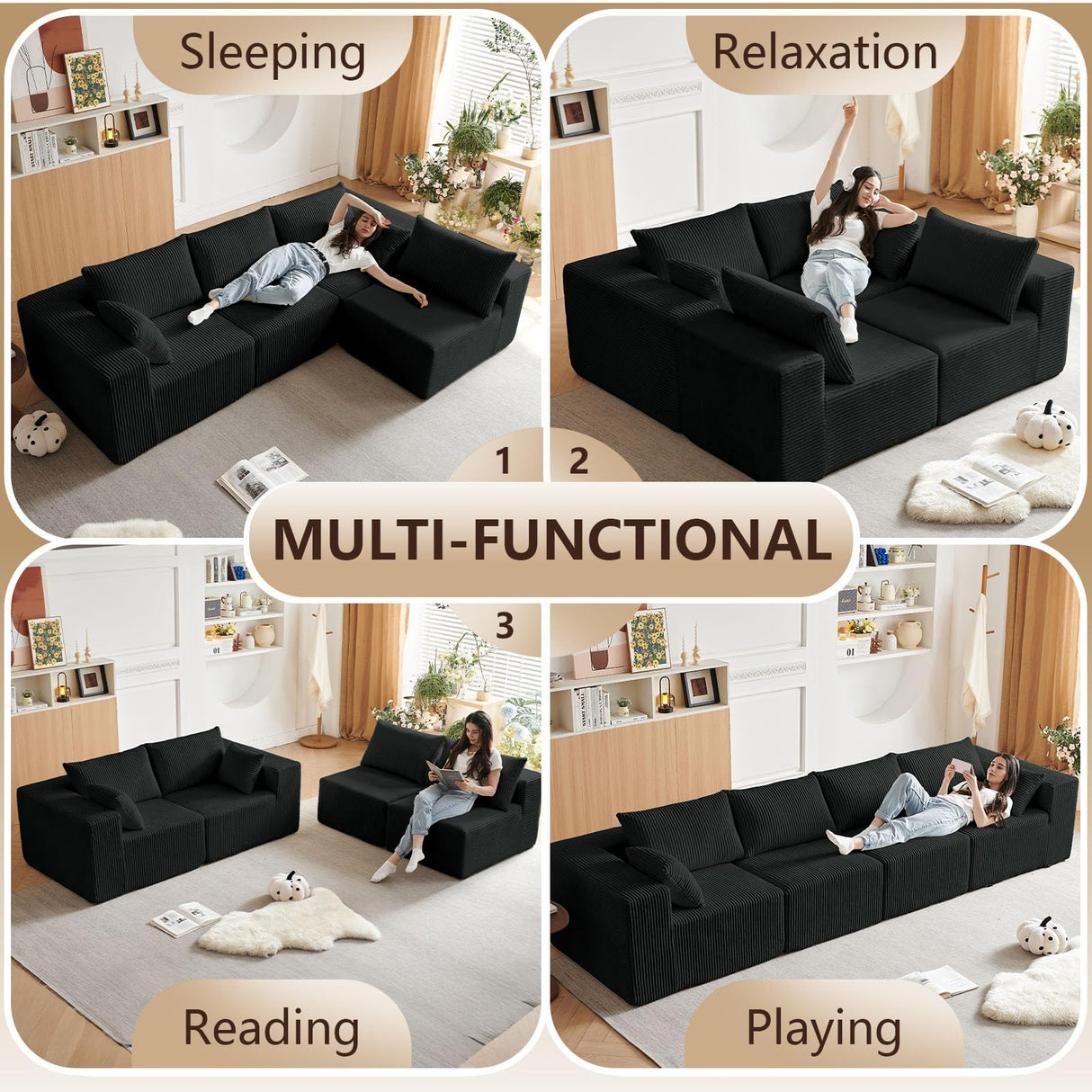 104" L-Shaped Corduroy Cloud Modular Sofa, Modern 4-Seater Sectional Couch with 6 Pillows, Deep Seat Upholstered Convertible Sofa Bed for Living Room, No Assembly Required (Black) atosela