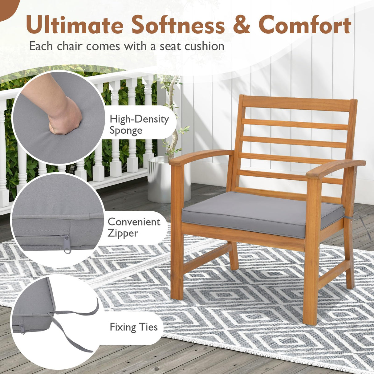 Tangkula 3 Pieces Outdoor Furniture Set, Acacia Wood Conversation Set with Soft Seat Cushions, Stable Acacia Wood Frame, Patio Sofa & Coffee Table Set for Backyard, Porch, Poolside (Grey) Tangkula