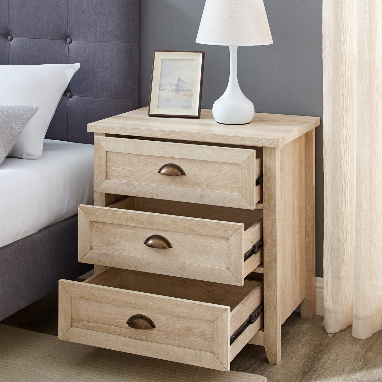 Walker Edison Hazel Modern Farmhouse 3 Drawer Framed Nightstand with Half-Moon Handles, 25 Inch, White Oak Walker Edison