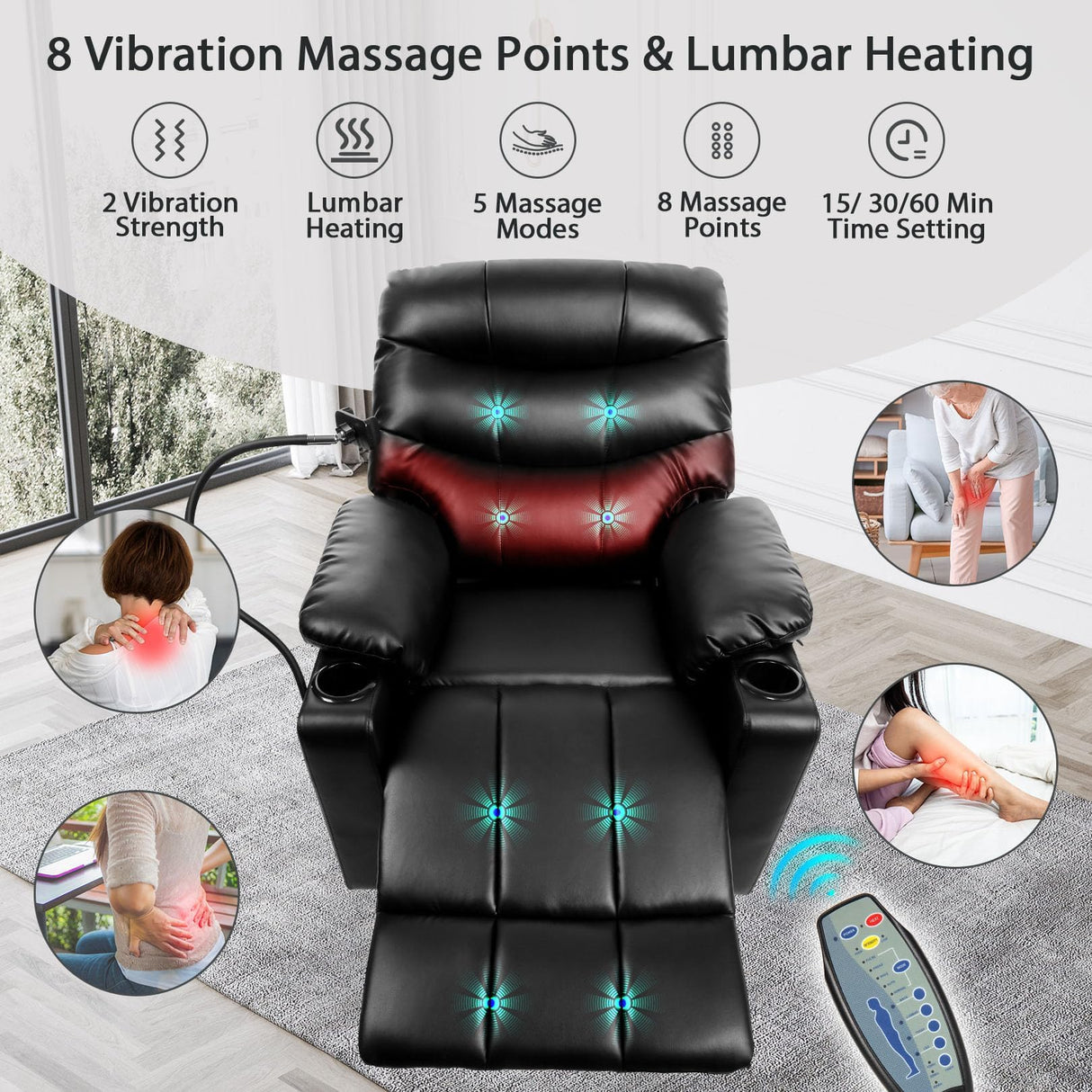 Himimi Power Lift Recliner Chair for Elderly, Adjustable Electric Recliner with 8-Point Vibration Massage, Lumbar Heating, Remote Control, Cup Holders, USB & Type-C Ports (Black) Himimi