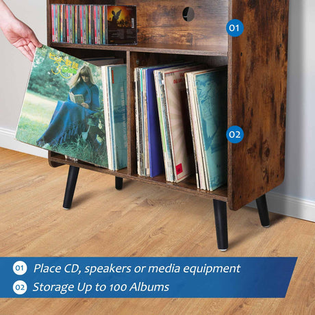 Possile 3-Tier Mid-Century Vintage Record Player Stand and Vinyl Storage Cabinet in Rustic Brown Possile