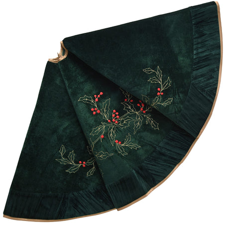 X.Sem Holly Leaf Embroidered Velvet Christmas Tree Skirt with Pleat Velvet Border 50'' (Dark Green, 50 inch) ONGLYP