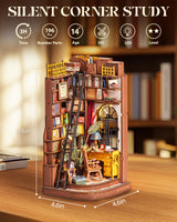Rolife DIY Book Nook Kits for Adults, Miniature Dollhouse Booknook Kit, 3D Wooden Puzzle Creative Decorative Bookends Bookshelf Diorama Insert Crafts Hobbies Gifts (Silent Corner Study) Rolife