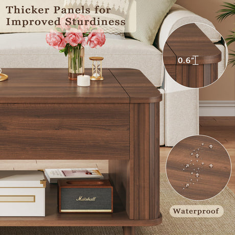 Lift Top Coffee Table with Storage, 41" Mid Century Modern Coffee Table with Fluted & Curved Profile Design, Hidden Storage Compartment, Lower Shelf Center Table for Living Room Office, Walnut HUAHUU
