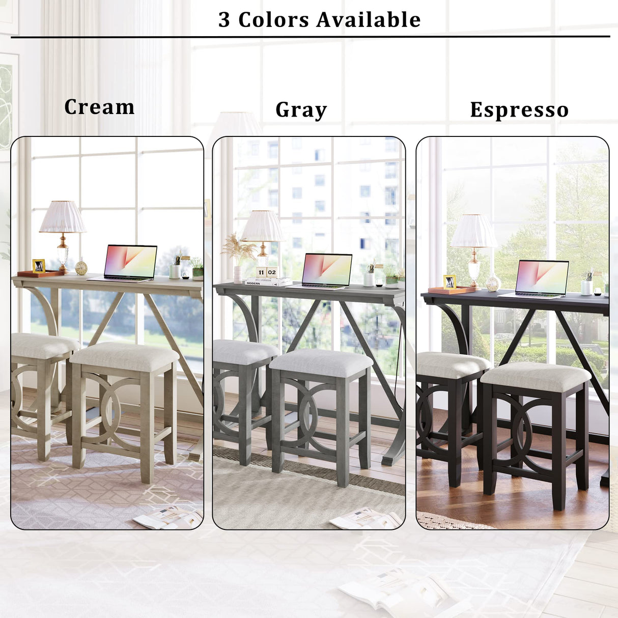 RuiSiSi Bar Table and Chairs Set, Farmhouse Counter Height Kitchen Table Set with USB Port and 2 Upholstered Stools, Wood Bar Table Set for Dining Room, Living Room, Apartment, Milky White RuiSiSi